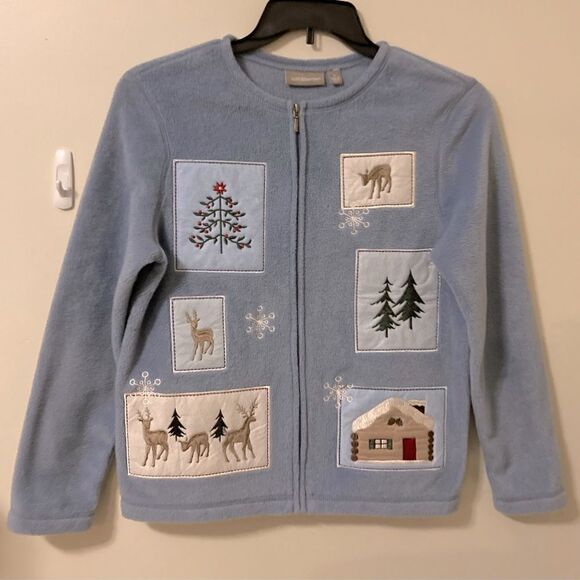 Cozy Winter Vibes Croft & Barrow Blue Fleece Christmas Zip-Up Cardigan - Picture 4 of 6